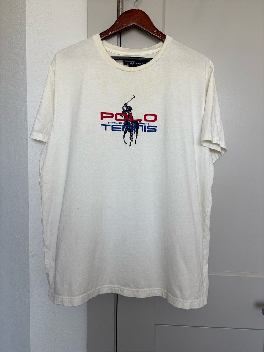 VINTAGE POLO RALPH LAUREN TENNIS-THEMED GRAPHIC LOGO T-SHIRT WHITE MEN’S XL